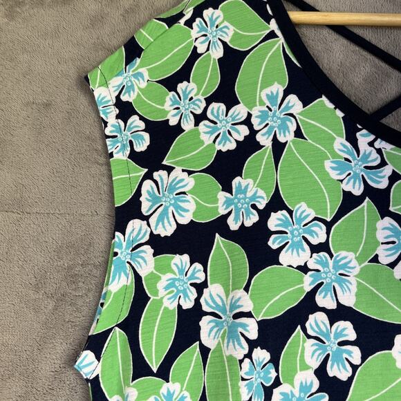 T by Talbots Dress 1X Navy Green Floral Fields Open Back UPF 50+ Pockets Belt - Picture 3 of 12